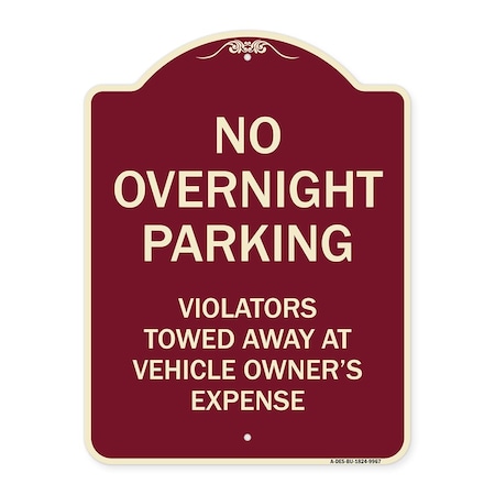 Signmission Designer Series-No Overnight Parking, Burgungy Heavy-Gauge Aluminum, 24" x 18", BU-1824-9967 A-DES-BU-1824-9967
